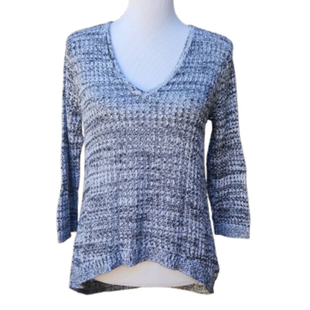 Jeanne Pierre Open-Knit Sweater Marled White Black V-Neck 3/4 Sleeves